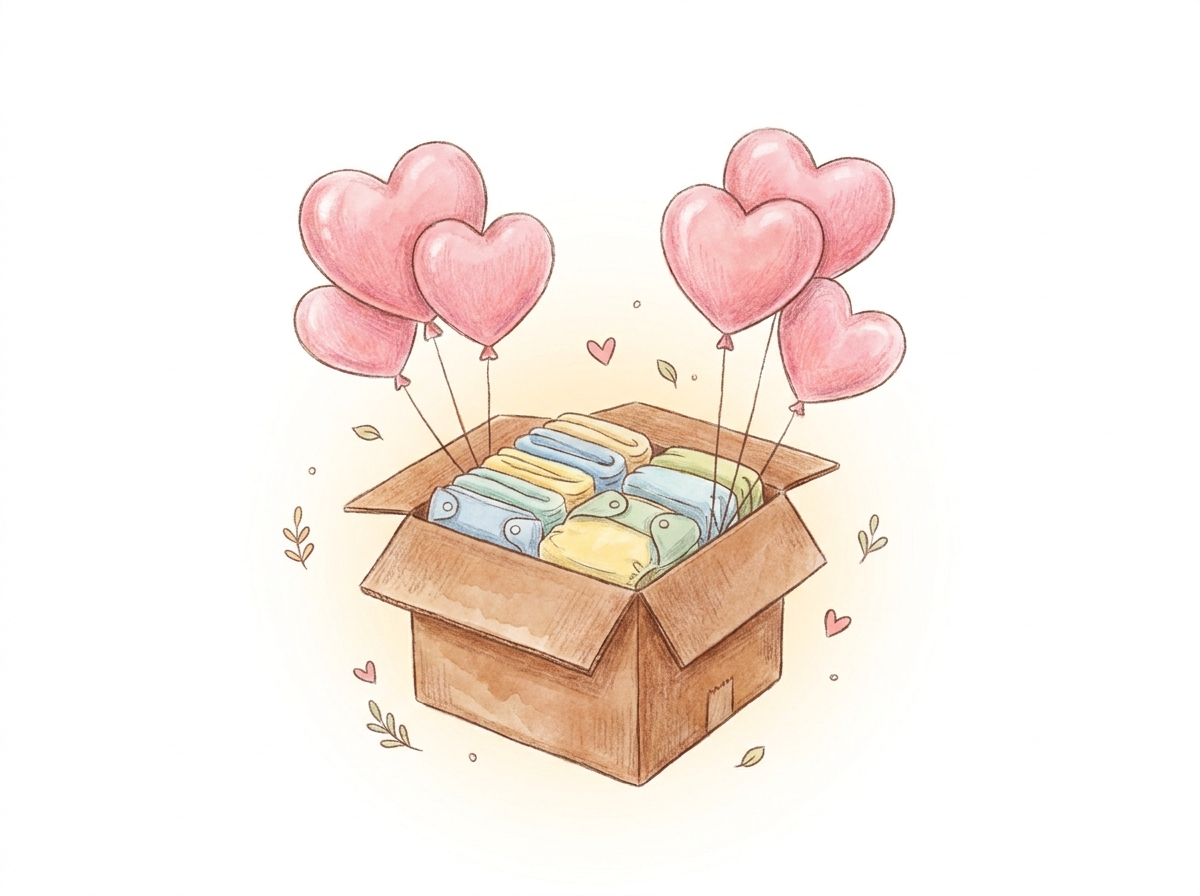 Cardboard box filled with colorful cloth diapers lifted by heart-shaped balloons